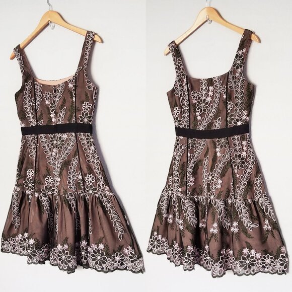 Harlyn Lace Overlay Floral Embroidered Fit Flared Dress S Square Neck Scallop - Picture 15 of 16